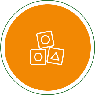 White geometric shapes on orange background in a circle.