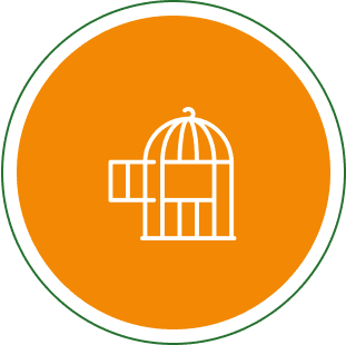White birdcage icon on an orange circular background.